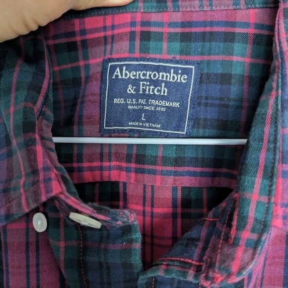 Abercrombie & Fitch men's plaid long sleeve button down shirt pink green check L - Picture 6 of 8